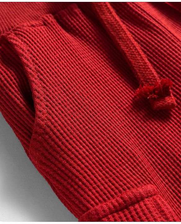 Babyhug Waffle Knit Premium Light Gauge Terry Full Raglan Sleeves Hooded  T-Shirt & Lounge Pant Set With Text Print - Maroon