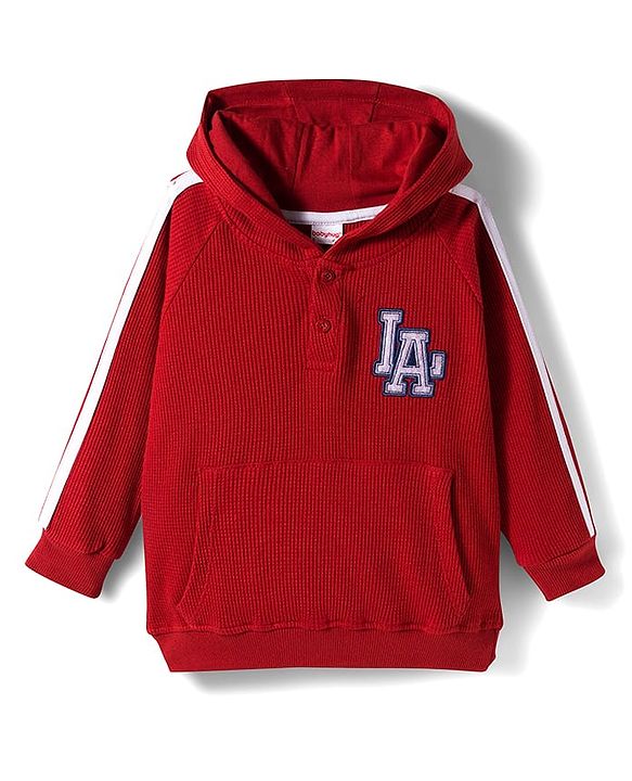 Babyhug Waffle Knit Premium Light Gauge Terry Full Raglan Sleeves Hooded  T-Shirt & Lounge Pant Set With Text Print - Maroon