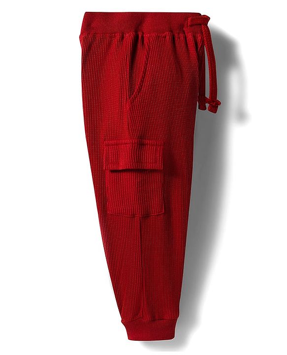 Babyhug Waffle Knit Premium Light Gauge Terry Full Raglan Sleeves Hooded  T-Shirt & Lounge Pant Set With Text Print - Maroon