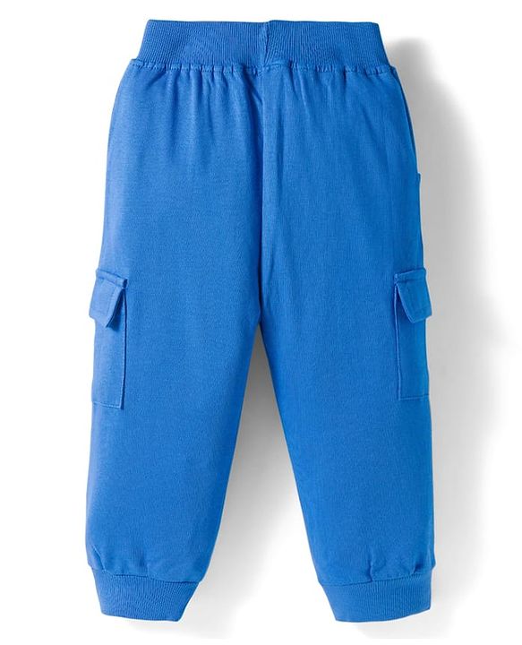Babyhug Knit Premium Light Gauge Terry Full Sleeves Hooded T-Shirt and Joggers Set With Kangaroo Pockets & Super Star Text Print - Blue & White