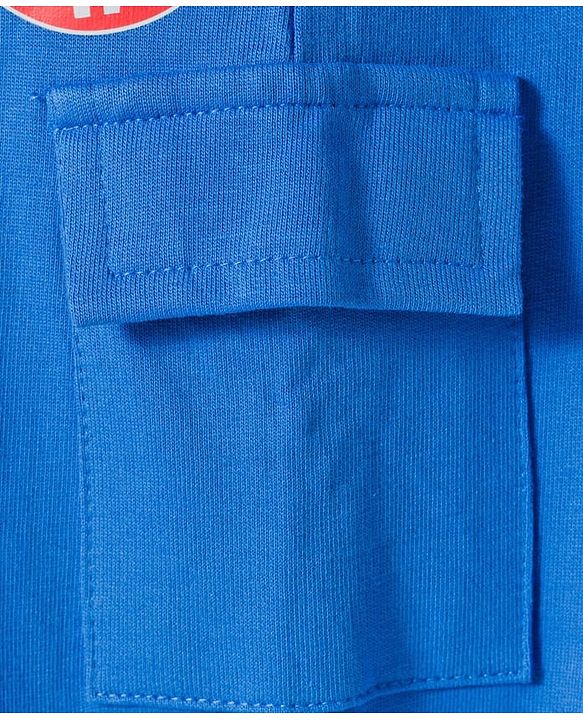Babyhug Knit Premium Light Gauge Terry Full Sleeves Hooded T-Shirt and Joggers Set With Kangaroo Pockets & Super Star Text Print - Blue & White
