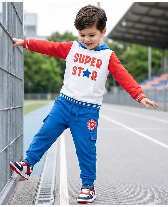 Babyhug Knit Premium Light Gauge Terry Full Sleeves Hooded T-Shirt and Joggers Set With Kangaroo Pockets & Super Star Text Print - Blue & White