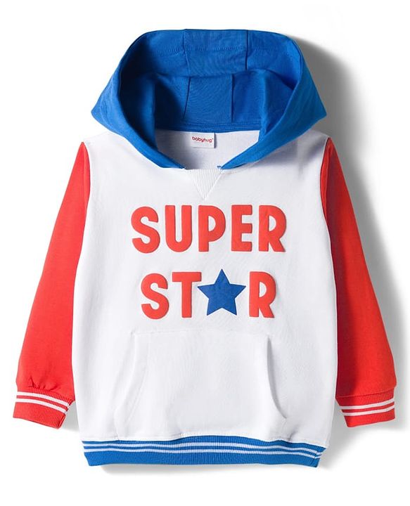 Babyhug Knit Premium Light Gauge Terry Full Sleeves Hooded T-Shirt and Joggers Set With Kangaroo Pockets & Super Star Text Print - Blue & White