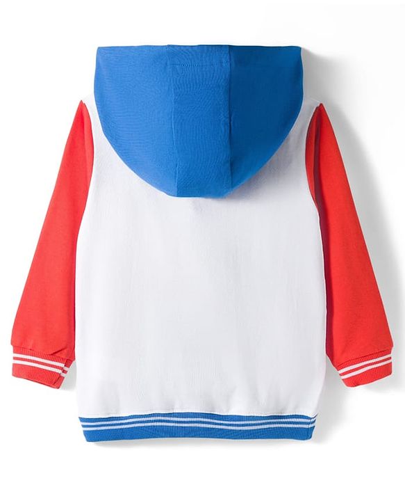 Babyhug Knit Premium Light Gauge Terry Full Sleeves Hooded T-Shirt and Joggers Set With Kangaroo Pockets & Super Star Text Print - Blue & White