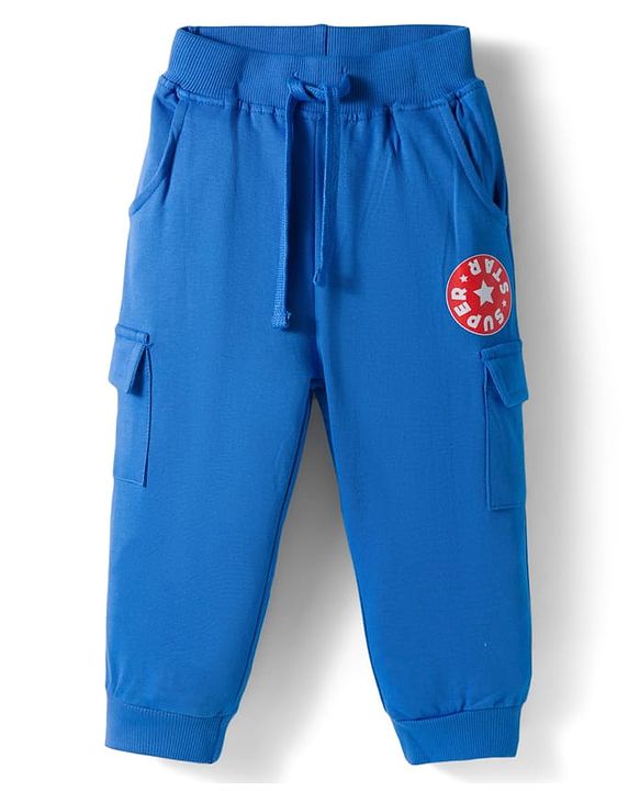 Babyhug Knit Premium Light Gauge Terry Full Sleeves Hooded T-Shirt and Joggers Set With Kangaroo Pockets & Super Star Text Print - Blue & White