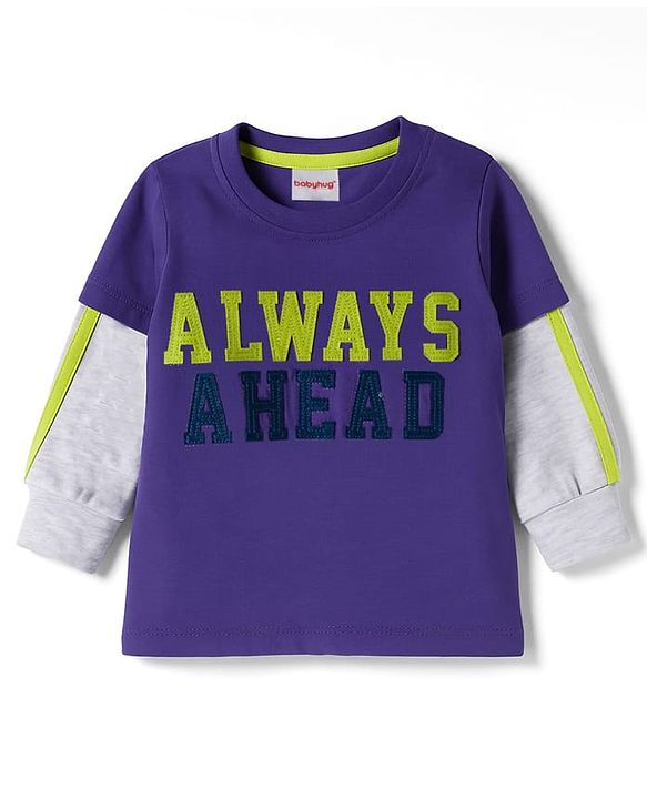 Babyhug Knit Premium Light Gauge Terry Full Doctor Sleeves T-Shirt & Joggers Set with Always Ahead Text Print - Purple
