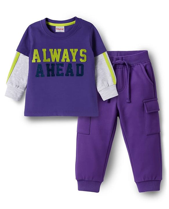 Babyhug Knit Premium Light Gauge Terry Full Doctor Sleeves T-Shirt & Joggers Set with Always Ahead Text Print - Purple