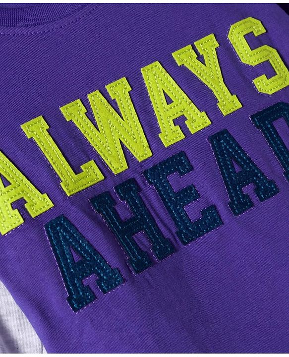 Babyhug Knit Premium Light Gauge Terry Full Doctor Sleeves T-Shirt & Joggers Set with Always Ahead Text Print - Purple