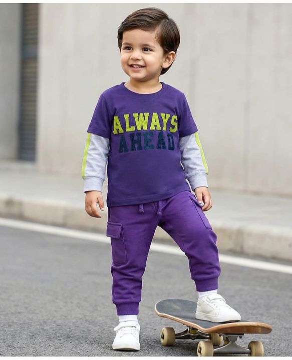 Babyhug Knit Premium Light Gauge Terry Full Doctor Sleeves T-Shirt & Joggers Set with Always Ahead Text Print - Purple