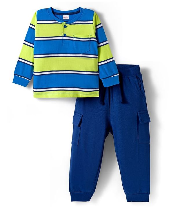 Babyhug Single Jersey Knit Full Sleeves Striped T-Shirt & Lounge Pant Set - Blue
