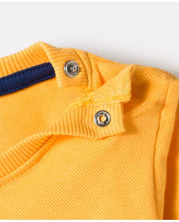 Babyhug Knit Premium Light Gauge Terry Full Doctor Sleeves T-Shirt & Joggers Set with California Text Print -  Yellow & Navy Blue
