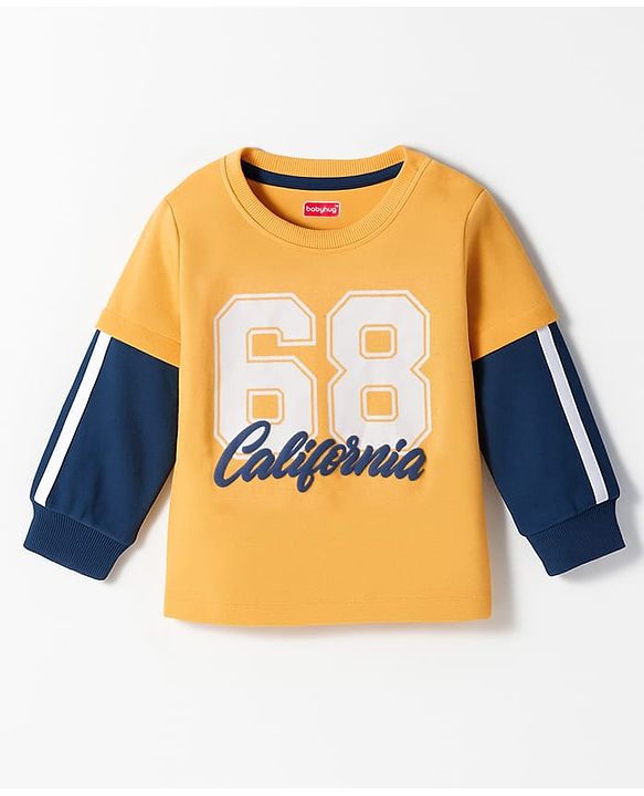 Babyhug Knit Premium Light Gauge Terry Full Doctor Sleeves T-Shirt & Joggers Set with California Text Print -  Yellow & Navy Blue