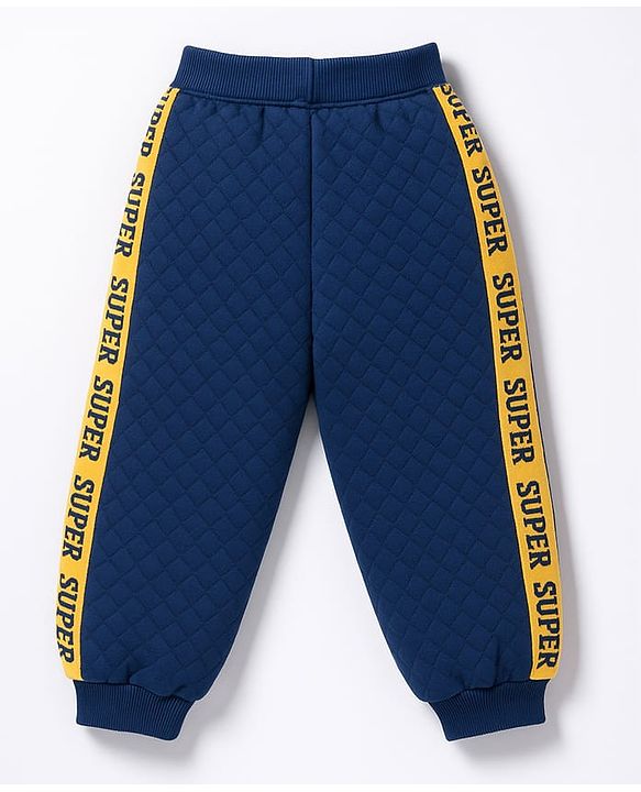 Babyhug Knit Premium Light Gauge Terry Full Doctor Sleeves T-Shirt & Joggers Set with California Text Print -  Yellow & Navy Blue