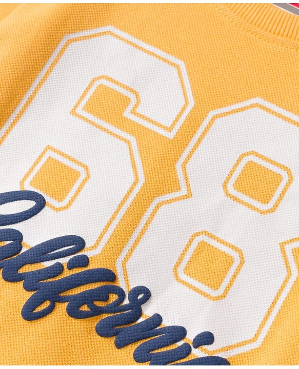Babyhug Knit Premium Light Gauge Terry Full Doctor Sleeves T-Shirt & Joggers Set with California Text Print -  Yellow & Navy Blue