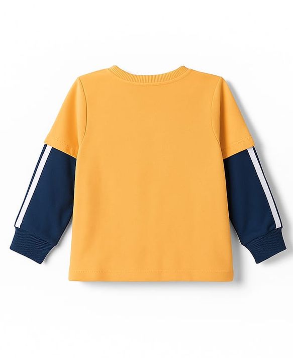 Babyhug Knit Premium Light Gauge Terry Full Doctor Sleeves T-Shirt & Joggers Set with California Text Print -  Yellow & Navy Blue