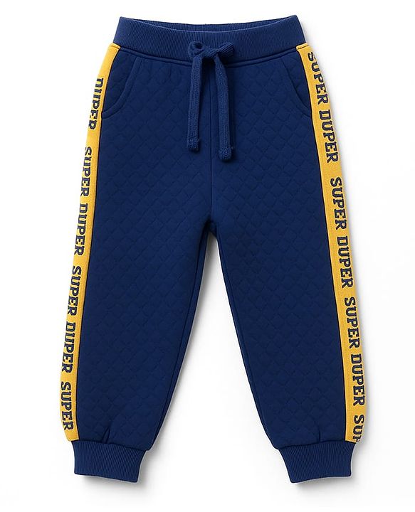 Babyhug Knit Premium Light Gauge Terry Full Doctor Sleeves T-Shirt & Joggers Set with California Text Print -  Yellow & Navy Blue