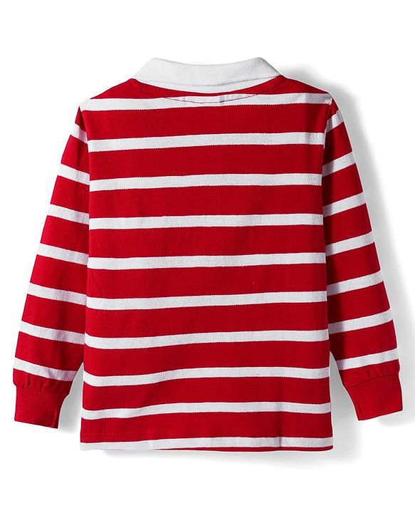 Babyhug Terry Knit Full Sleeves Polo T-Shirt and Pant Set With Stripes  - White & Red