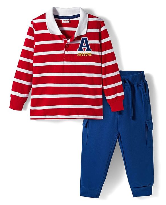 Babyhug Terry Knit Full Sleeves Polo T-Shirt and Pant Set With Stripes  - White & Red