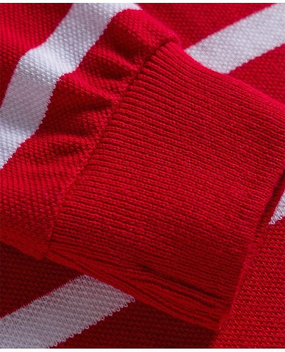 Babyhug Terry Knit Full Sleeves Polo T-Shirt and Pant Set With Stripes  - White & Red