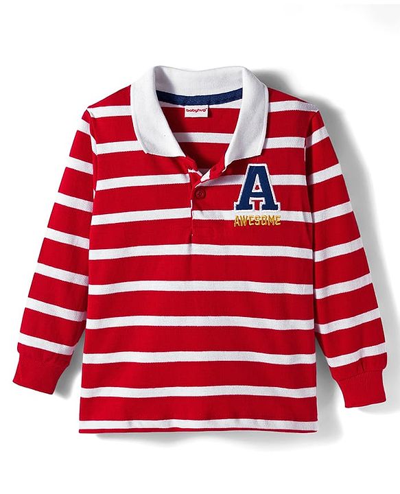 Babyhug Terry Knit Full Sleeves Polo T-Shirt and Pant Set With Stripes  - White & Red