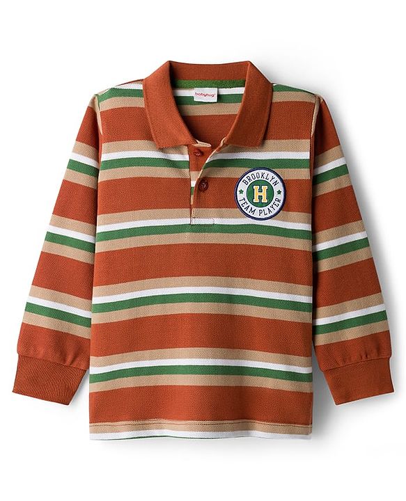 Babyhug Single Jersey Knit Full Sleeves Striped Polo T-Shirt & Lounge Pant Set With Brooklyn Patch - Red & Green