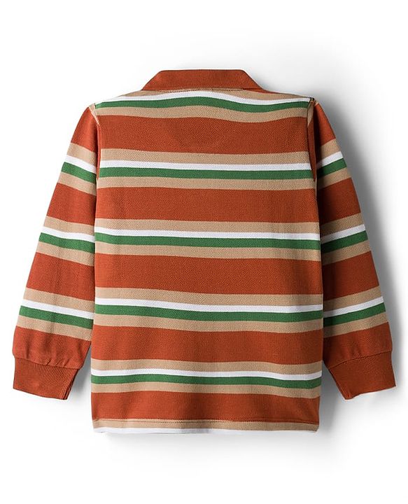 Babyhug Single Jersey Knit Full Sleeves Striped Polo T-Shirt & Lounge Pant Set With Brooklyn Patch - Red & Green