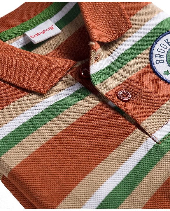 Babyhug Single Jersey Knit Full Sleeves Striped Polo T-Shirt & Lounge Pant Set With Brooklyn Patch - Red & Green
