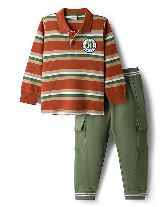 Babyhug Single Jersey Knit Full Sleeves Striped Polo T-Shirt & Lounge Pant Set With Brooklyn Patch - Red & Green