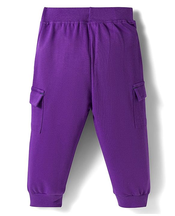 Babyhug Knit Premium Light Gauge Terry Full Sleeves Hooded T-Shirt & Lounge Pant Set With Text Print - Purple