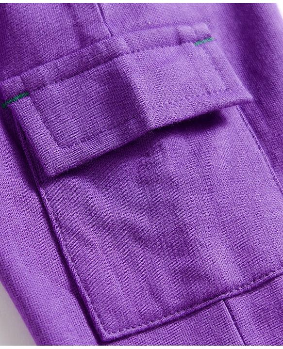 Babyhug Knit Premium Light Gauge Terry Full Sleeves Hooded T-Shirt & Lounge Pant Set With Text Print - Purple