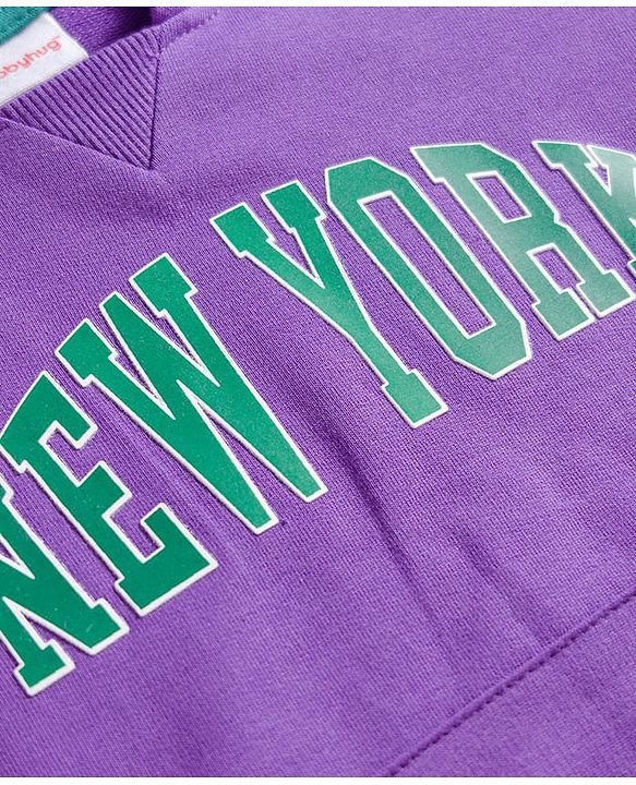 Babyhug Knit Premium Light Gauge Terry Full Sleeves Hooded T-Shirt & Lounge Pant Set With Text Print - Purple