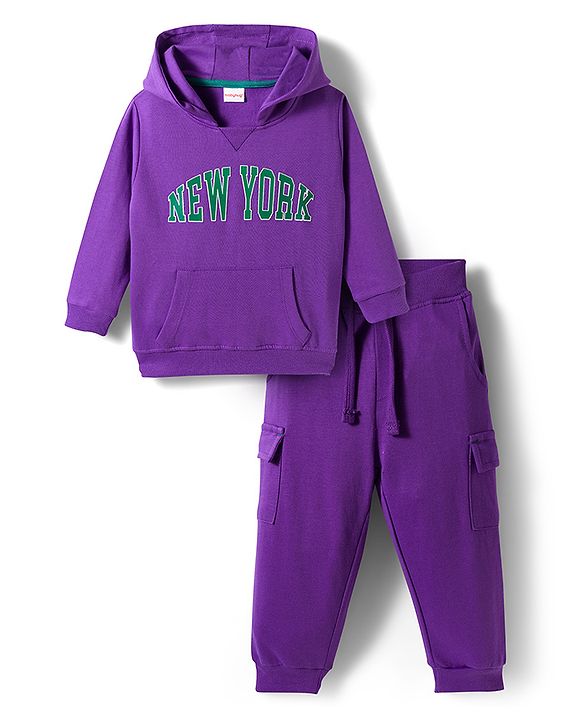 Babyhug Knit Premium Light Gauge Terry Full Sleeves Hooded T-Shirt & Lounge Pant Set With Text Print - Purple