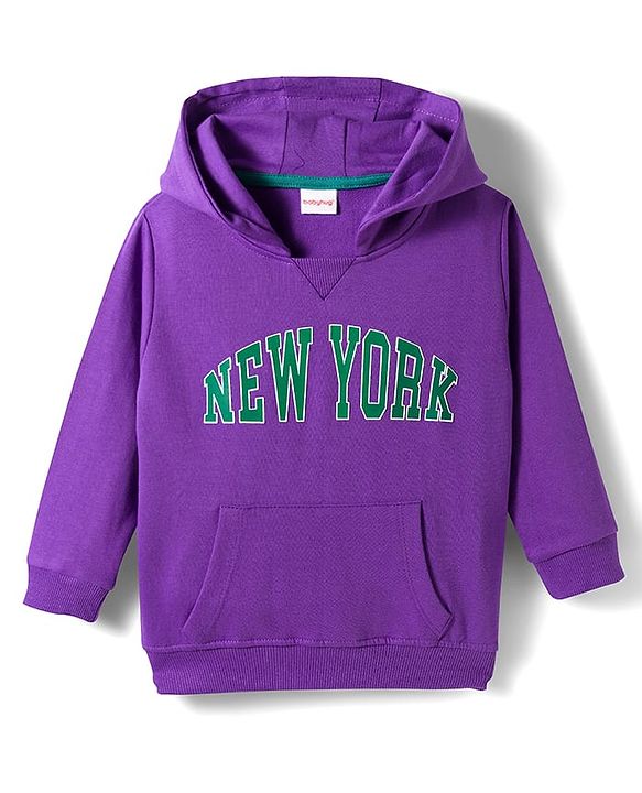 Babyhug Knit Premium Light Gauge Terry Full Sleeves Hooded T-Shirt & Lounge Pant Set With Text Print - Purple