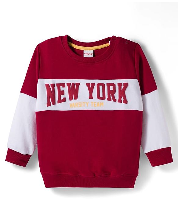 Babyhug Knit Premium Light Gauge Terry Full Sleeves  T-Shirt and Jogger Set With New York Text Print - Red