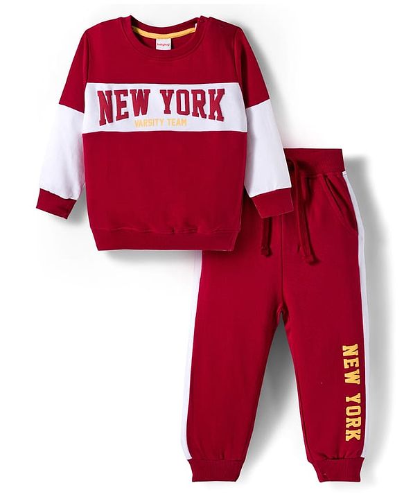 Babyhug Knit Premium Light Gauge Terry Full Sleeves  T-Shirt and Jogger Set With New York Text Print - Red
