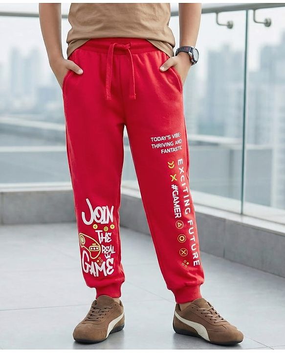 Pine Kids Cotton Knit Full Length Lounge Pant With Text Print - Red
