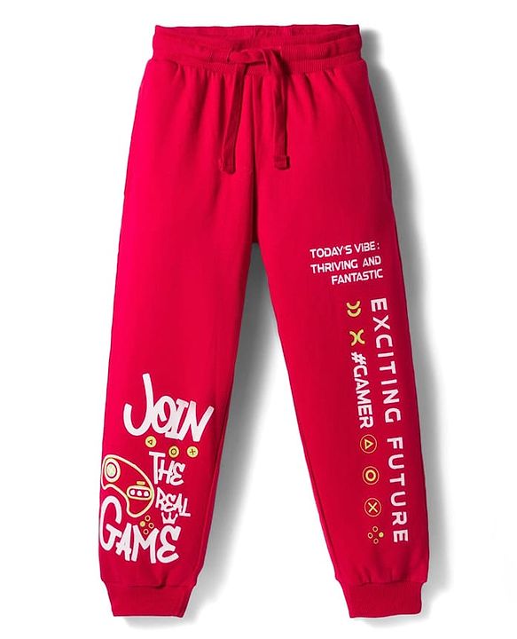 Pine Kids Cotton Knit Full Length Lounge Pant With Text Print - Red