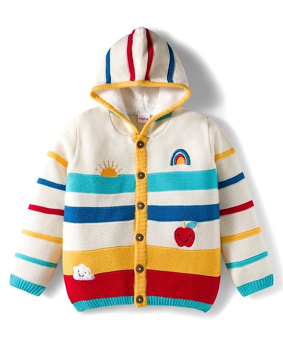 Babyhug Knit Full Sleeves Hooded Front Open Sweater with Stripes & Embroidery - Multicolor