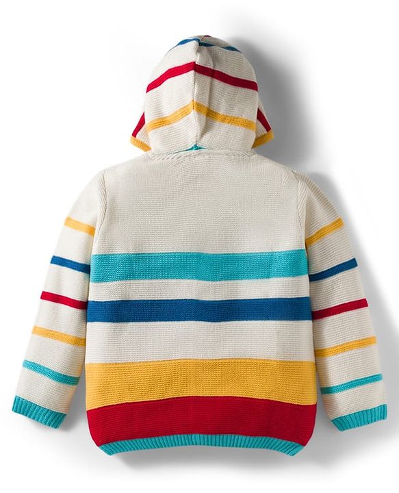 Babyhug Knit Full Sleeves Hooded Front Open Sweater with Stripes & Embroidery - Multicolor