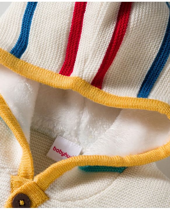 Babyhug Knit Full Sleeves Hooded Front Open Sweater with Stripes & Embroidery - Multicolor