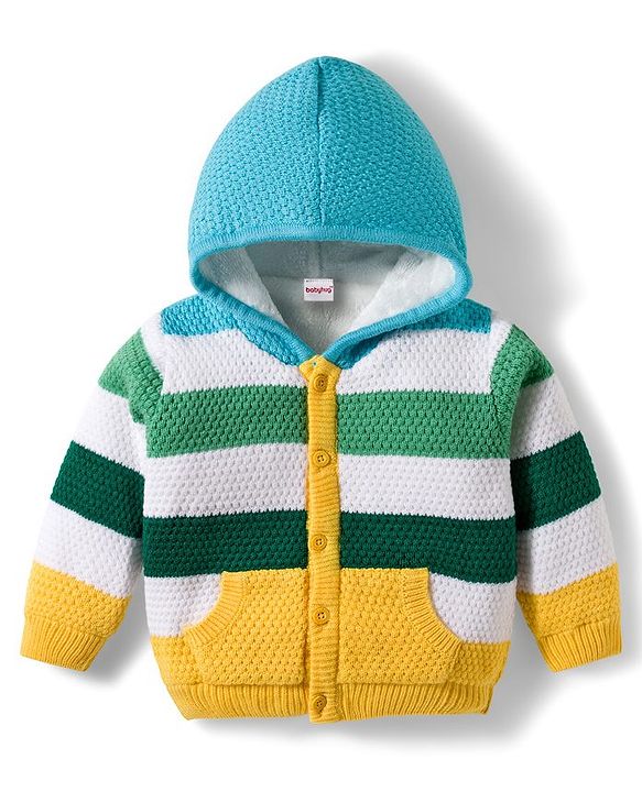 Babyhug Knit Full Sleeves Front Open Hooded Sweater With Stripes - Blue