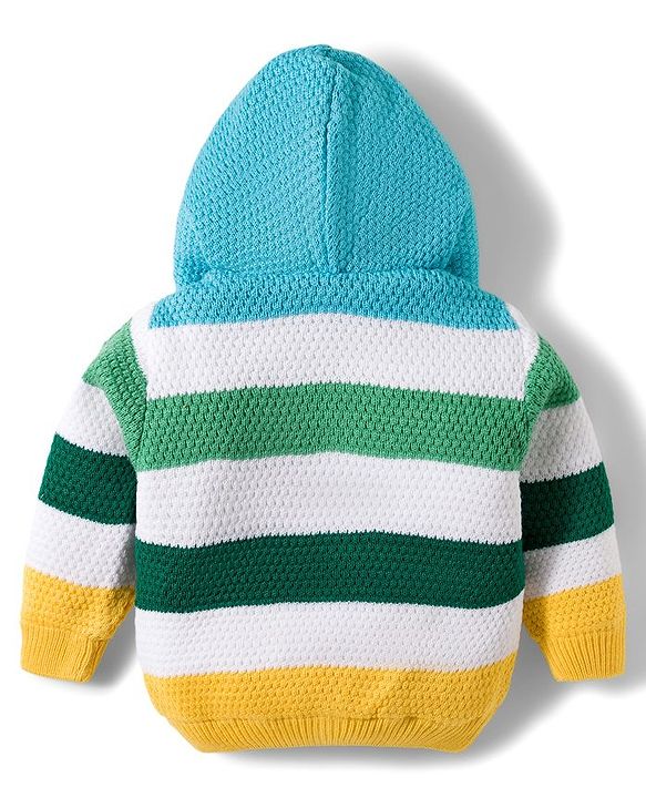 Babyhug Knit Full Sleeves Front Open Hooded Sweater With Stripes - Blue