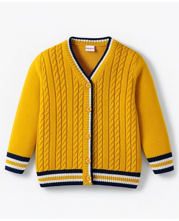 Babyhug Knit Full Sleeves Front Open Sweater with Cable Knit Design - Mustard