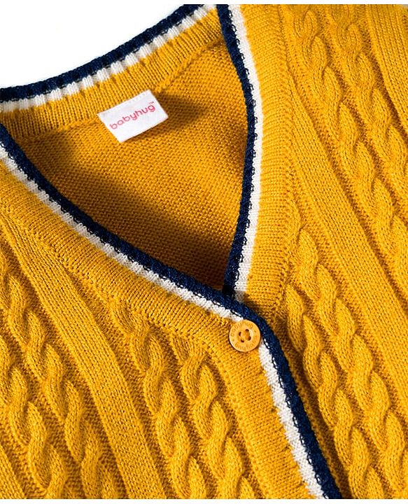 Babyhug Knit Full Sleeves Front Open Sweater with Cable Knit Design - Mustard