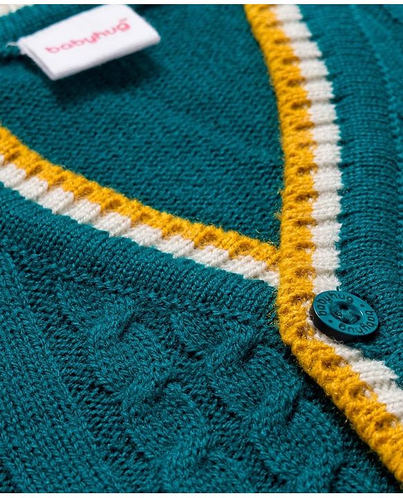 Babyhug Knit Full Sleeves Front Open Sweater With Tape Detailing - Teal Blue