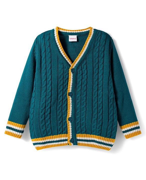 Babyhug Knit Full Sleeves Front Open Sweater With Tape Detailing - Teal Blue