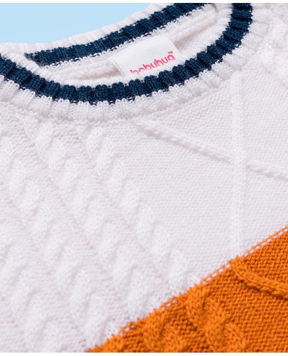 Babyhug Knit Full Sleeves Colorblock Pullover with Cable Knit Design - White & Navy Blue