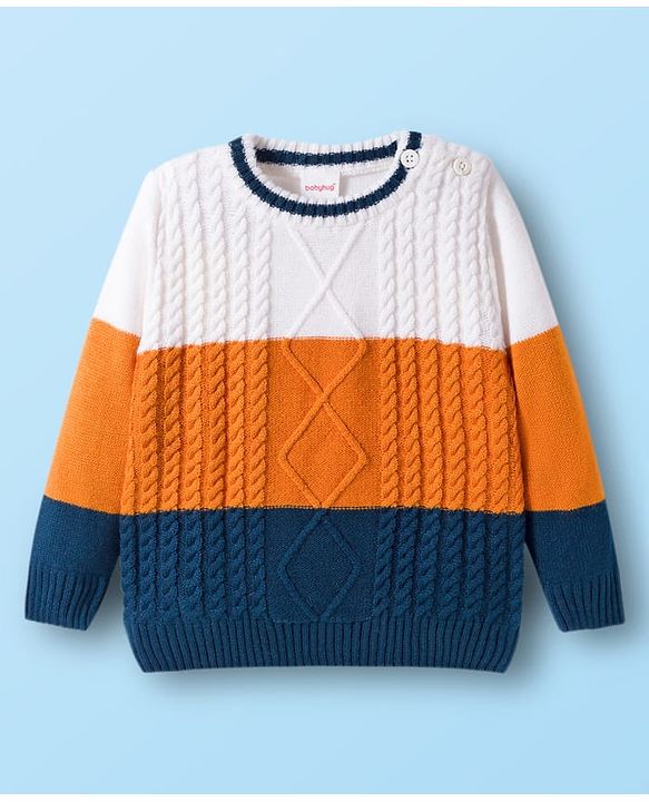Babyhug Knit Full Sleeves Colorblock Pullover with Cable Knit Design - White & Navy Blue