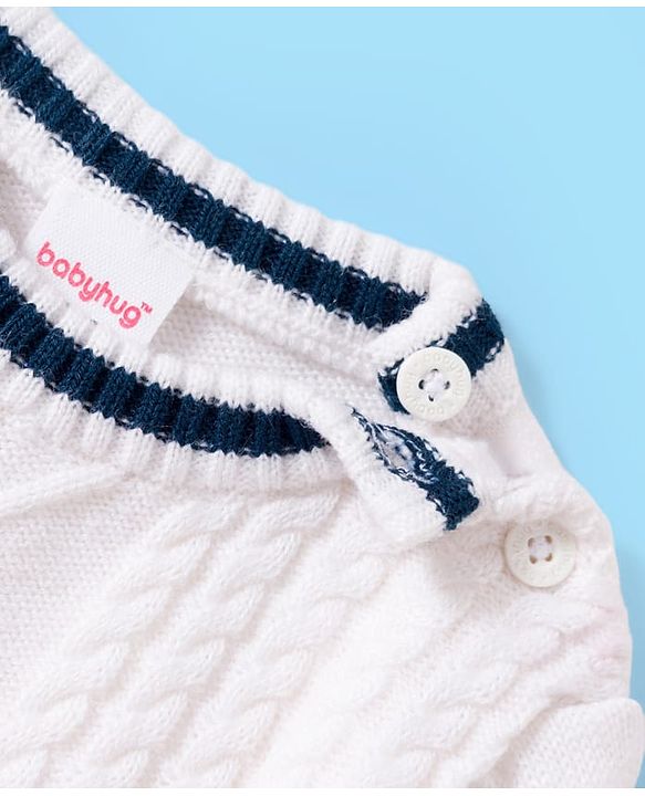 Babyhug Knit Full Sleeves Colorblock Pullover with Cable Knit Design - White & Navy Blue