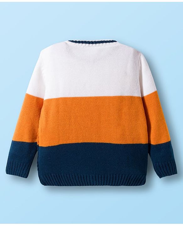 Babyhug Knit Full Sleeves Colorblock Pullover with Cable Knit Design - White & Navy Blue